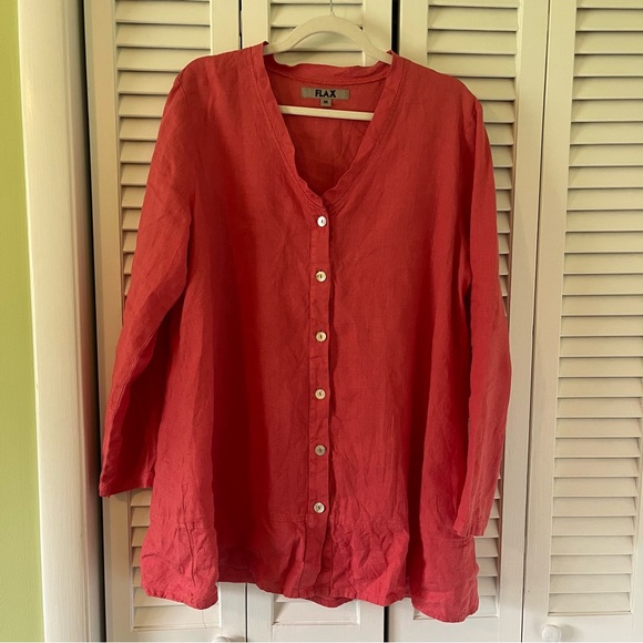 Flax Tops - Flax Pinky Red Linen Button Down Long Sleeve Tunic Size Medium